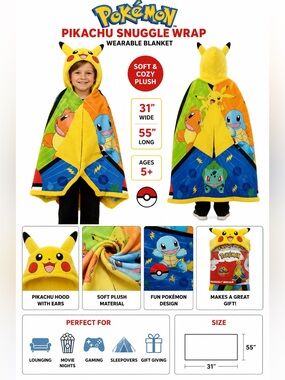 Pokemon Pikachu Hooded Snuggle Wrap Wearable Blanket Kids 31" x 55" Yellow New